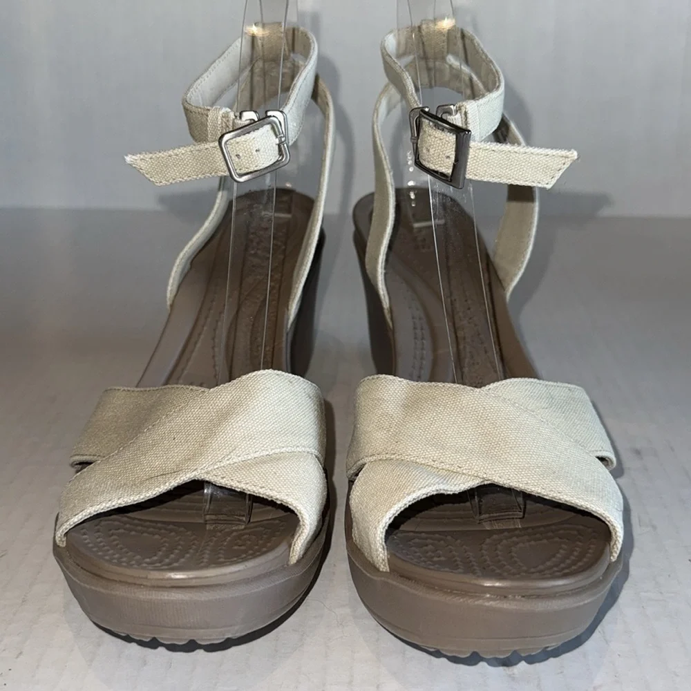 Crocs Leigh II Cream Canvas Strap Wedge Heels